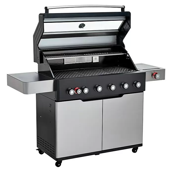 Edelheiss Gasgrill Exzellenz 1.6 - Grillfläche (B x T): 103 x 45,5 cm, 25,2 kW, Anzahl Brenner: 6 Stk. - Offener Gasgrill aus schwarzem und Edelstahl, mit mehreren Brennern, Beistelltischen und Unterschränken auf Rollen.