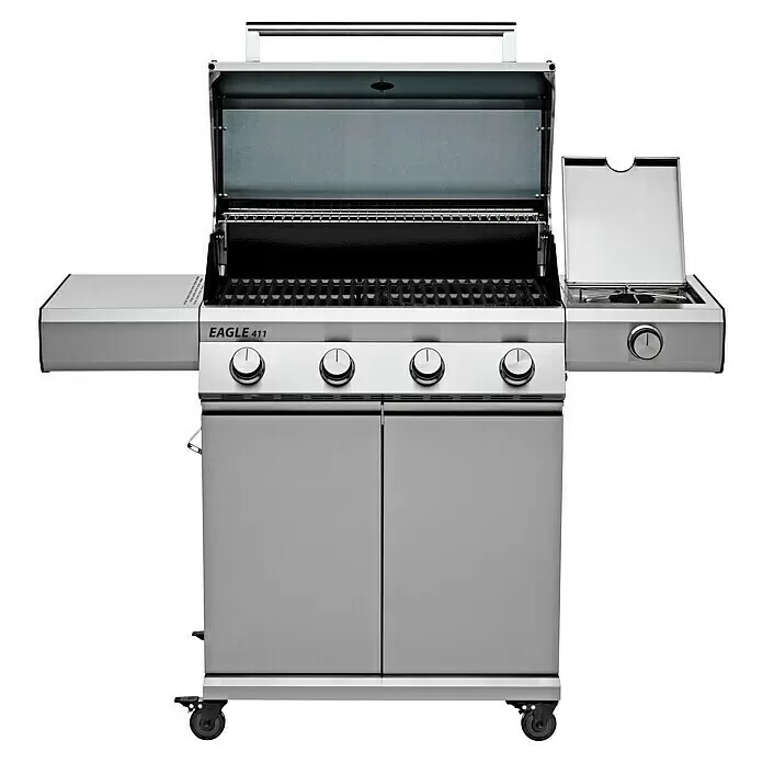 Grandstate Gasgrill Eagle 411 - Grillfläche (B x T): 71 x 45 cm, 14 kW, Anzahl Brenner: 4 Stk., Material Grillfläche: Gusseisen - Silberner Gasgrill mit geöffnetem Deckel, Rost, Seitenbrenner, Bedienknöpfen und Schranktüren. Auf Rollen.