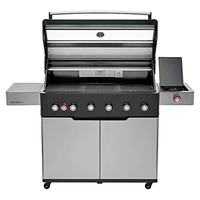Edelheiss Gasgrill Exzellenz 1.6 - Grillfläche (B x T): 103 x 45,5 cm, 25,2 kW, Anzahl Brenner: 6 Stk. - Gasgrill aus Edelstahl und Schwarz, offener Deckel, mehrere Brenner, Seitenablagen und Unterschrank. 'EXZELLENZ 1.6'.