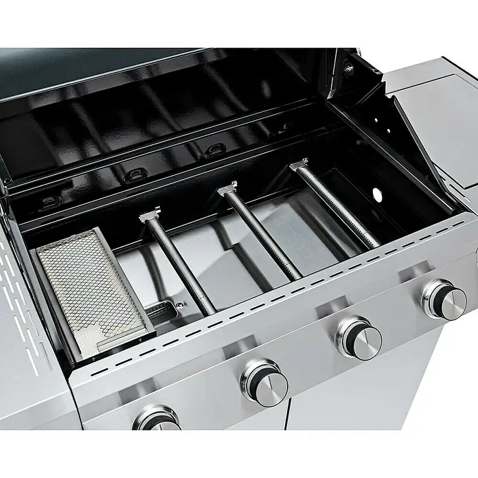 Grandstate Gasgrill Eagle 411 - Grillfläche (B x T): 71 x 45 cm, 14 kW, Anzahl Brenner: 4 Stk., Material Grillfläche: Edelstahl - Nahaufnahme des Innenraums eines Gasgrills mit Brennern und Grillrost.