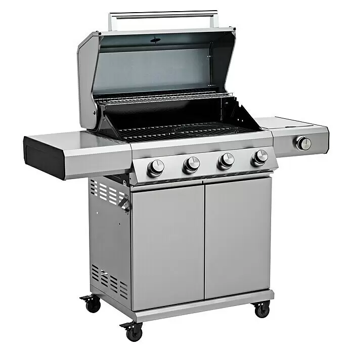 Grandstate Gasgrill Eagle 411 - Grillfläche (B x T): 71 x 45 cm, 14 kW, Anzahl Brenner: 4 Stk., Material Grillfläche: Gusseisen - Edelstahl-Gasgrill mit offenem Deckel, mehreren Brennern, Seitenablagen und Rollunterschrank.