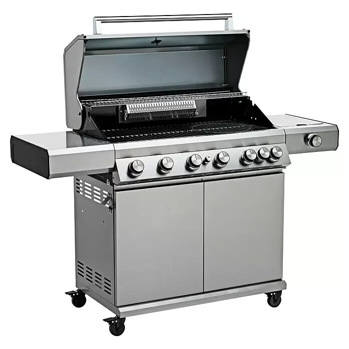 Grandstate Gasgrill Eagle 652 - Grillfläche (B x T): 90 x 45 cm, 24,2 kW, Anzahl Brenner: 6 Stk., Material Grillfläche: Gusseisen - Edelstahl-Gasgrill mit geöffnetem Deckel, zeigt Kochroste und Brenner.
