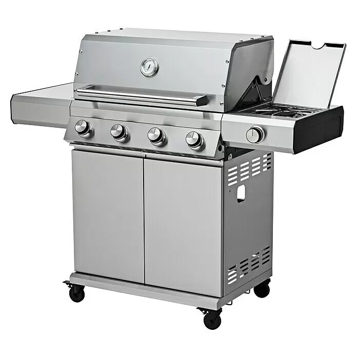 Grandstate Gasgrill Eagle 411 - Grillfläche (B x T): 71 x 45 cm, 14 kW, Anzahl Brenner: 4 Stk., Material Grillfläche: Edelstahl - Edelstahl-Gasgrill mit mehreren Brennern, Seitenbrenner, Thermometer und Unterschrank auf Rollen.