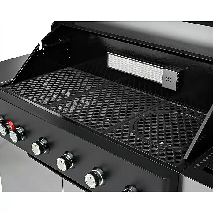 Edelheiss Gasgrill Exzellenz 1.6 - Grillfläche (B x T): 103 x 45,5 cm, 25,2 kW, Anzahl Brenner: 6 Stk. - Geöffneter schwarzer Gasgrill mit Gusseisenrosten, Infrarot-Drehspießbrenner und beleuchteten Bedienknöpfen.