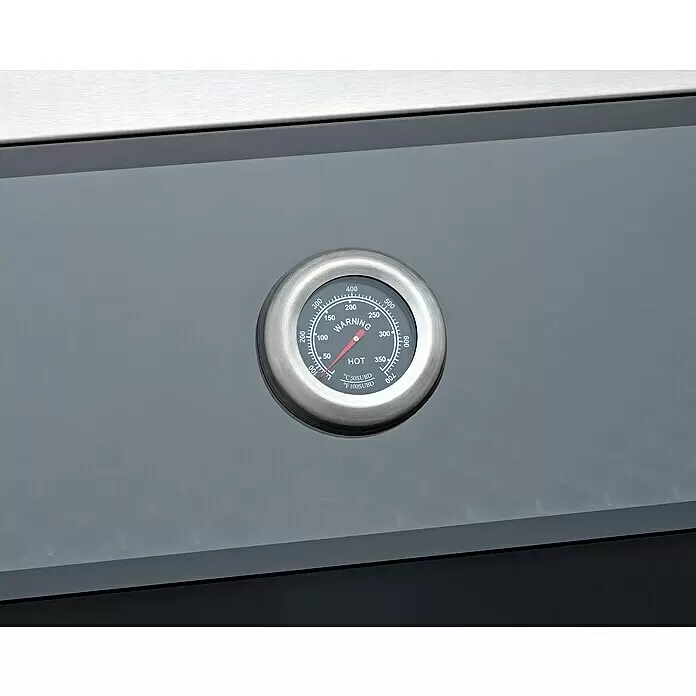 Edelheiss Gasgrill Exzellenz 1.4 - Grillfläche (B x T): 68 x 45,5 cm, 16,8 kW, Anzahl Brenner: 4 Stk. - Rundes Edelstahl-Ofen-/Grillthermometer in dunkler Abdeckung, mit schwarzem Zifferblatt, rotem Zeiger und Temperaturanzeigen, inkl. 'WARNING'/'HOT' Zonen.