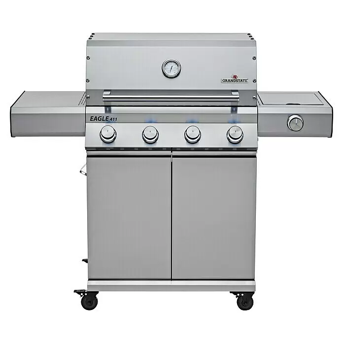Grandstate Gasgrill Eagle 411 - Grillfläche (B x T): 71 x 45 cm, 14 kW, Anzahl Brenner: 4 Stk., Material Grillfläche: Edelstahl - Gasgrill aus Edelstahl mit Seitenablagen, mehreren Bedienknöpfen, Temperaturanzeige, Lagerschränken und Rädern.