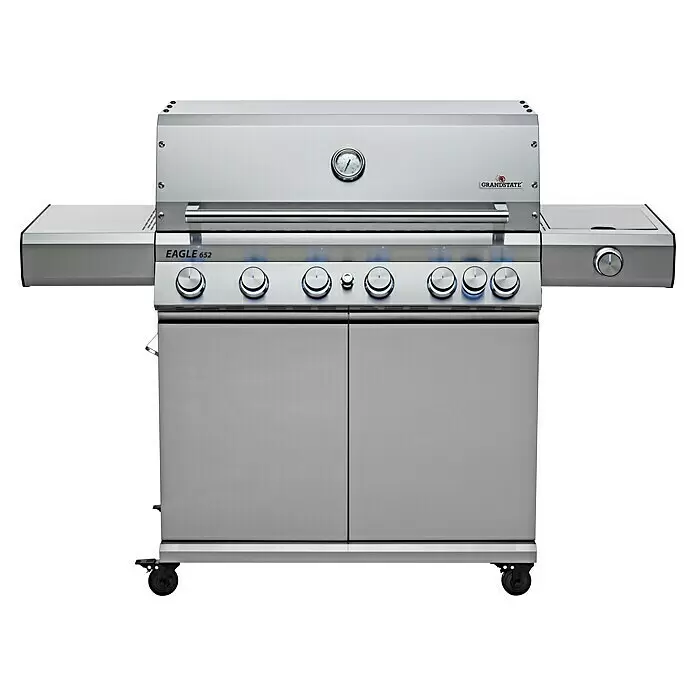 Grandstate Gasgrill Eagle 652 - Grillfläche (B x T): 90 x 45 cm, 24,2 kW, Anzahl Brenner: 6 Stk., Material Grillfläche: Edelstahl - Gasgrill aus Edelstahl mit mehreren Bedienknöpfen, Seitenablagen, Temperaturanzeige und Lenkrollen.