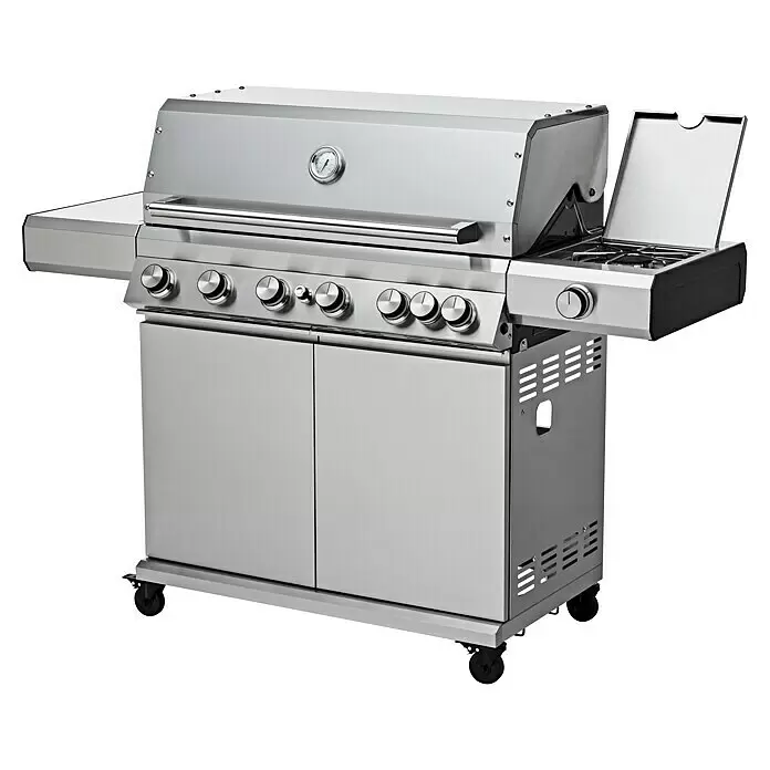 Grandstate Gasgrill Eagle 652 - Grillfläche (B x T): 90 x 45 cm, 24,2 kW, Anzahl Brenner: 6 Stk., Material Grillfläche: Gusseisen - Gasgrill aus Edelstahl mit mehreren Brennern und einem Seitenbrenner.