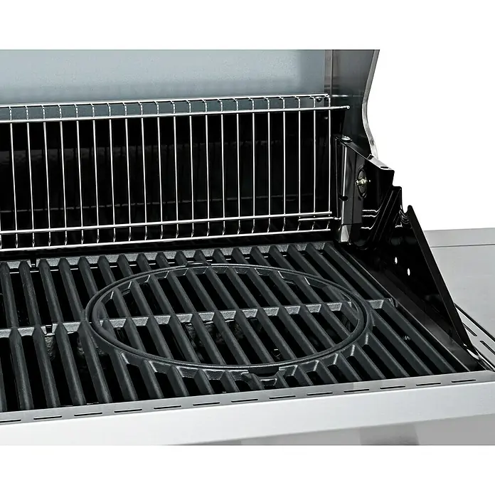 Grandstate Gasgrill Eagle 411 - Grillfläche (B x T): 71 x 45 cm, 14 kW, Anzahl Brenner: 4 Stk., Material Grillfläche: Gusseisen - Nahaufnahme eines Grills mit Grillrost und Warmhalterost.
