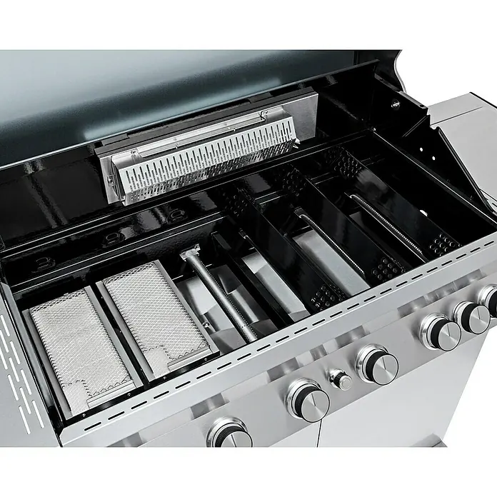 Grandstate Gasgrill Eagle 652 - Grillfläche (B x T): 90 x 45 cm, 24,2 kW, Anzahl Brenner: 6 Stk., Material Grillfläche: Gusseisen - Innenansicht eines Grills mit Edelstahlbrennern und Wärmeverteilungsplatten für gleichmäßige Hitze beim Grillen.