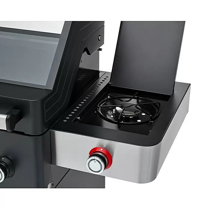 Edelheiss Gasgrill Exzellenz 1.4 - Grillfläche (B x T): 68 x 45,5 cm, 16,8 kW, Anzahl Brenner: 4 Stk. - Offener schwarzer Gasgrill-Seitenbrenner mit Edelstahlblende und rotem Bedienknopf.