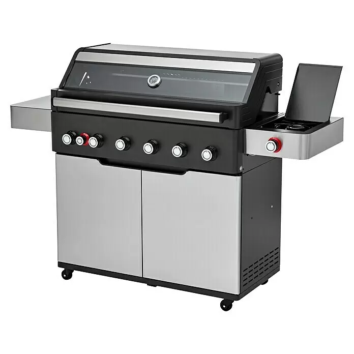 Edelheiss Gasgrill Exzellenz 1.6 - Grillfläche (B x T): 103 x 45,5 cm, 25,2 kW, Anzahl Brenner: 6 Stk. - Moderner Gasgrill in Schwarz und Edelstahl, mit mehreren Brennern, transparenter Abdeckung, Thermometer, Seitenablagen und Unterschrank.
