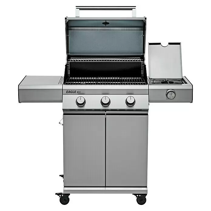 Grandstate Gasgrill Eagle 311 - Grillfläche (B x T): 60 x 45 cm, 10,5 kW, Anzahl Brenner: 3 Stk., Material Grillfläche: Edelstahl - Edelstahl-Gasgrill mit offenem Deckel, drei Bedienknöpfen und einem Seitenbrenner.