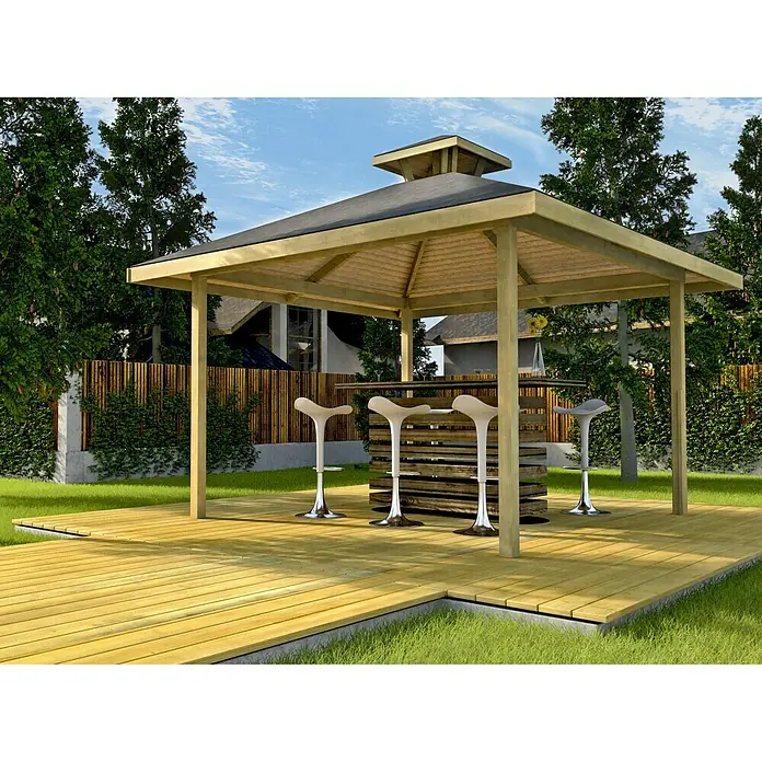 Weka Pavillon 651 - 3,8 x 3,8 m, Fichte - Bild eines Pavillons mit Barhockern auf einer Holzterrasse, umgeben von Grün. Ideal für entspannte Stunden im Freien.