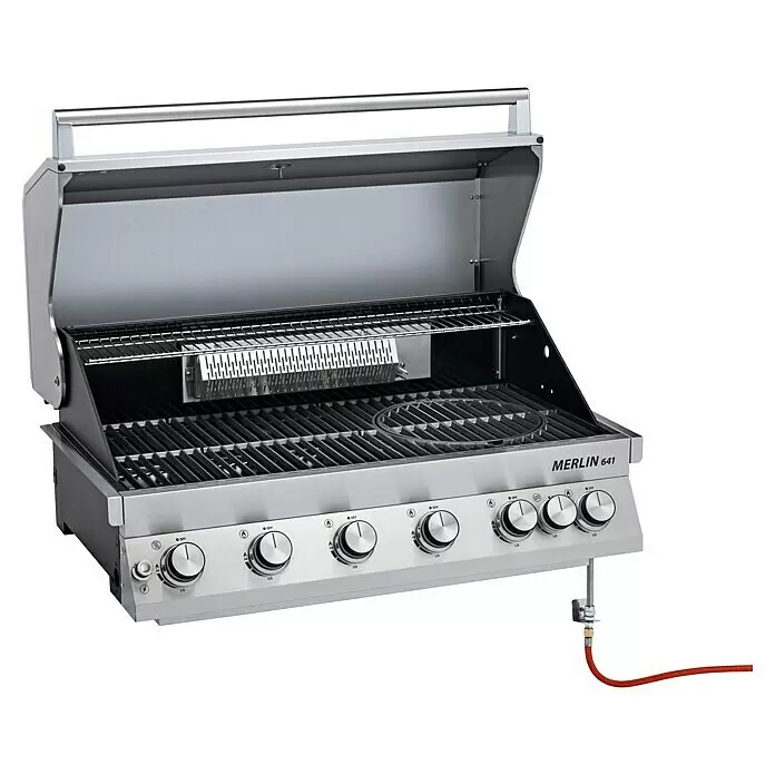 Grandstate Gasgrill Merlin 641 Built-In - Grillfläche (B x T): 88 x 44 cm, 21 kW, Anzahl Brenner: 6 Stk. - Offener Gasgrill aus Edelstahl, Merlin 641, mit sechs Bedienknöpfen, internem Warmhalterost und sichtbarem Gasschlauchanschluss.