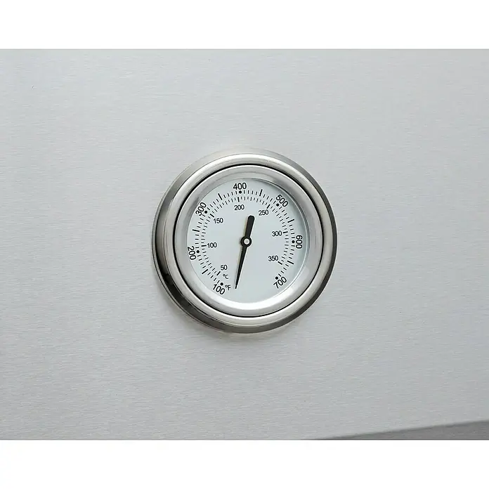 Grandstate Gasgrill Eagle 411 - Grillfläche (B x T): 71 x 45 cm, 14 kW, Anzahl Brenner: 4 Stk., Material Grillfläche: Edelstahl - Nahaufnahme eines runden Grillthermometers aus Edelstahl, das eine Temperatur von etwa 75 Grad Fahrenheit anzeigt.