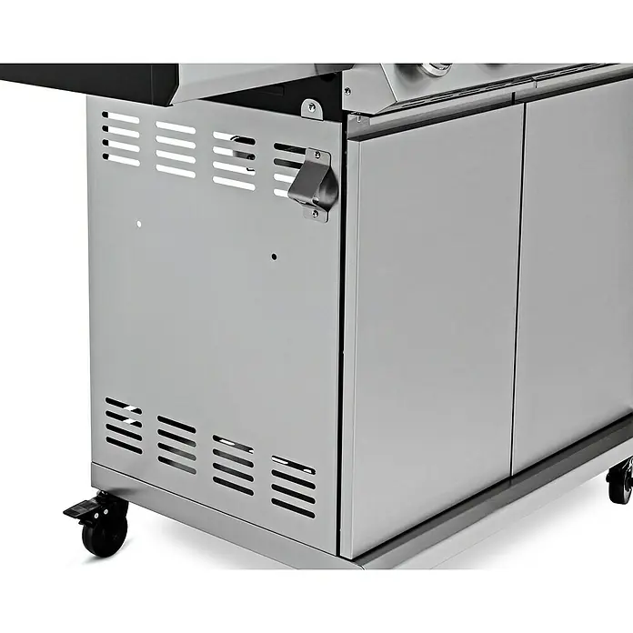 Grandstate Gasgrill Eagle 311 - Grillfläche (B x T): 60 x 45 cm, 10,5 kW, Anzahl Brenner: 3 Stk., Material Grillfläche: Edelstahl - Detailaufnahme eines Edelstahl-Grills mit praktischem Flaschenöffner an der Seite. Hochwertige Verarbeitung für ein perfektes Grillvergnügen.
