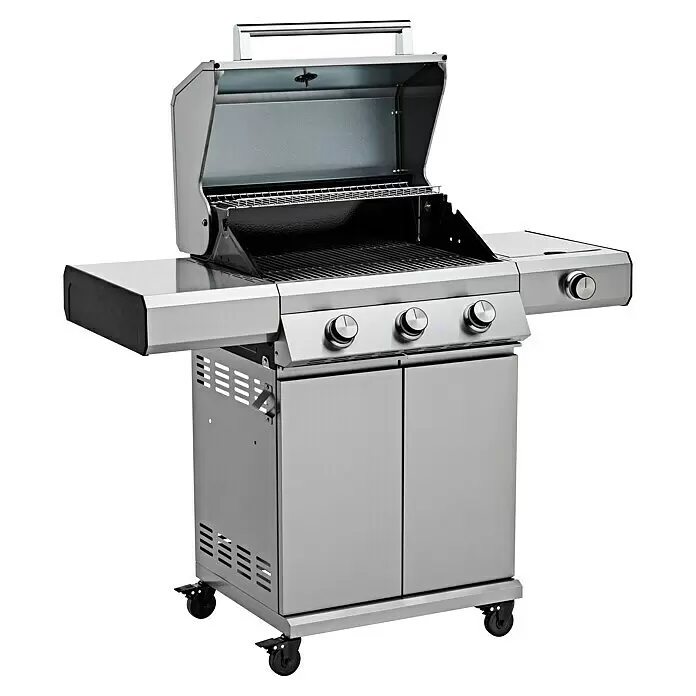 Grandstate Gasgrill Eagle 311 - Grillfläche (B x T): 60 x 45 cm, 10,5 kW, Anzahl Brenner: 3 Stk., Material Grillfläche: Edelstahl - Edelstahl-Gasgrill mit offenem Deckel, der Kochroste und einen Warmhalterost zeigt. Mit Bedienknöpfen, Seitenablagen und Rollen.