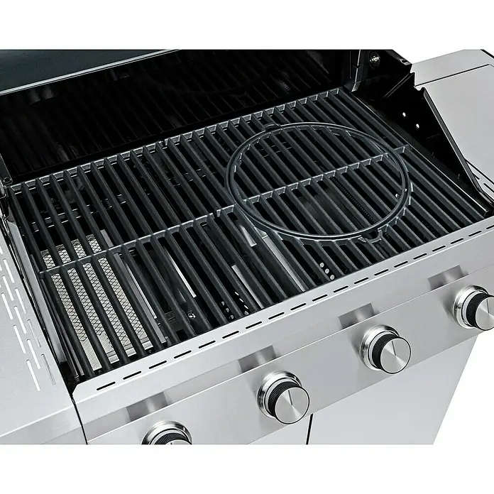 Grandstate Gasgrill Eagle 411 - Grillfläche (B x T): 71 x 45 cm, 14 kW, Anzahl Brenner: 4 Stk., Material Grillfläche: Gusseisen - Nahaufnahme eines Edelstahl-Gasgrills mit Grillrosten und Drehknöpfen zur Temperaturregelung. Perfekt für Grillabende im Freien.