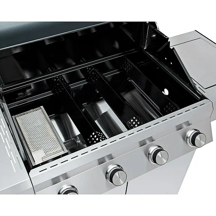 Grandstate Gasgrill Eagle 411 - Grillfläche (B x T): 71 x 45 cm, 14 kW, Anzahl Brenner: 4 Stk., Material Grillfläche: Gusseisen - Nahaufnahme eines Gasgrills mit offenem Deckel, der die Brenner und Grillroste zeigt. Der Grill ist aus Edelstahl gefertigt.