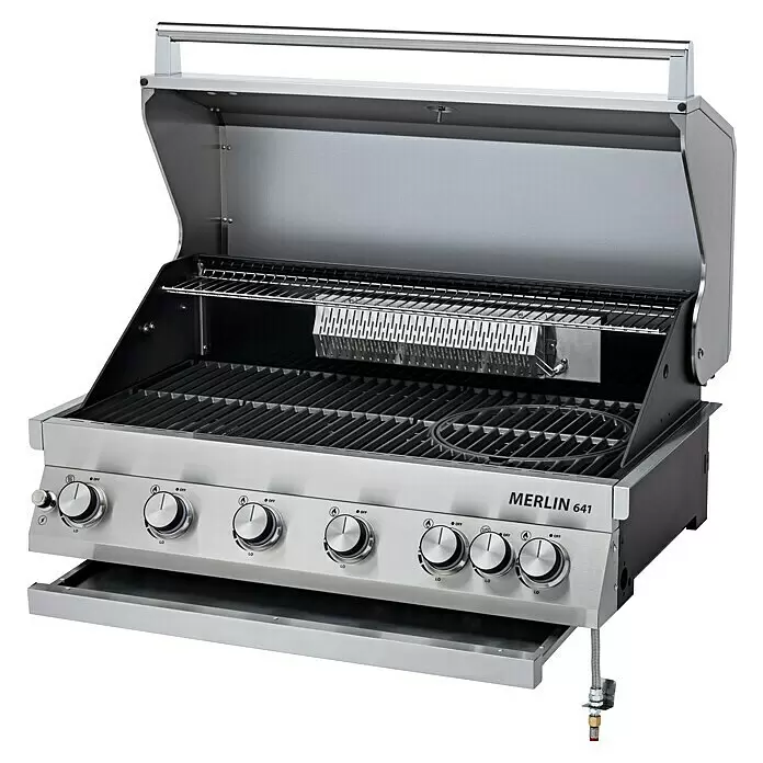 Grandstate Gasgrill Merlin 641 Built-In - Grillfläche (B x T): 88 x 44 cm, 21 kW, Anzahl Brenner: 6 Stk. - MERLIN 641 Gasgrill aus Edelstahl mit geöffnetem Deckel, Grillrosten und sechs Bedienknöpfen.