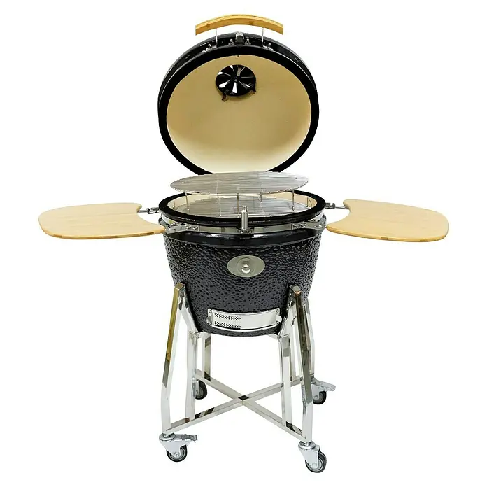 Flame Rock  Holzkohlegrill Kamado 22 - Durchmesser Grillfläche: 47 cm, Grau - Schwarzer Keramikgrill mit Edelstahlgestell und Holzablagen, ideal für Grillliebhaber. Für das perfekte Grillerlebnis im Freien.