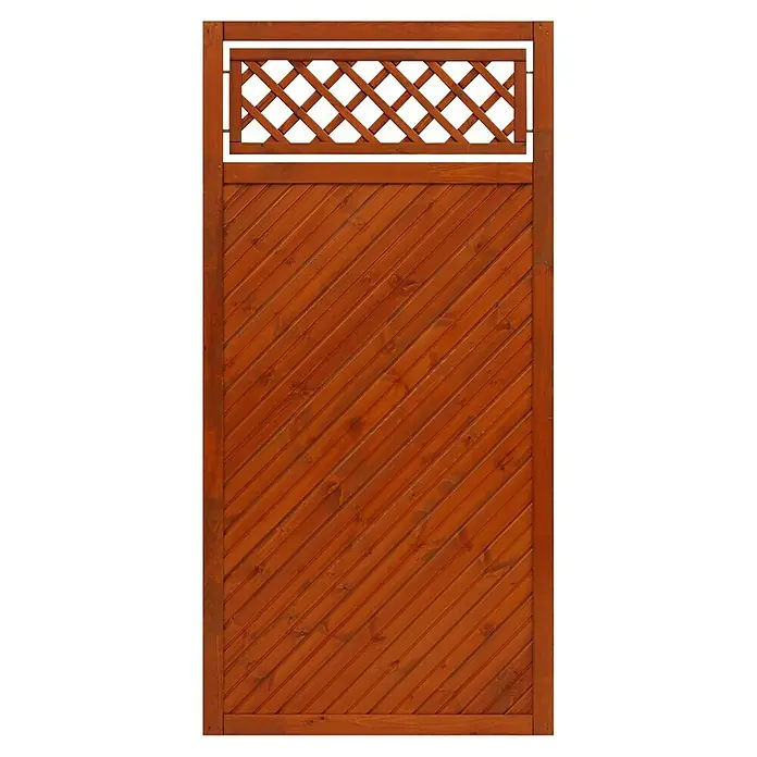 Andrewex Sichtschutzelement Toulon - 90 x 180 cm, Teak - Braune Holzzaunplatte mit diagonaler Holzvertäfelung und dekorativem Lattenzaun.