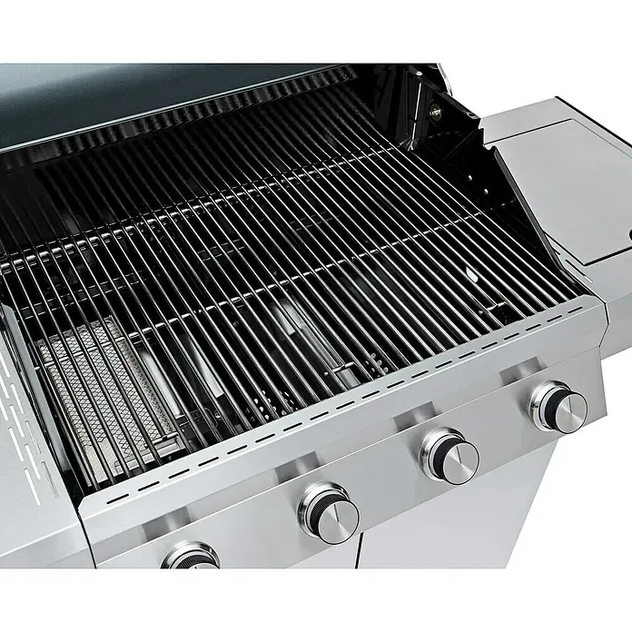 Grandstate Gasgrill Eagle 311 - Grillfläche (B x T): 60 x 45 cm, 10,5 kW, Anzahl Brenner: 3 Stk., Material Grillfläche: Edelstahl - Nahaufnahme eines Edelstahl-Grills mit Grillrosten und Bedienknöpfen. Ideal für sommerliche Grillabende.