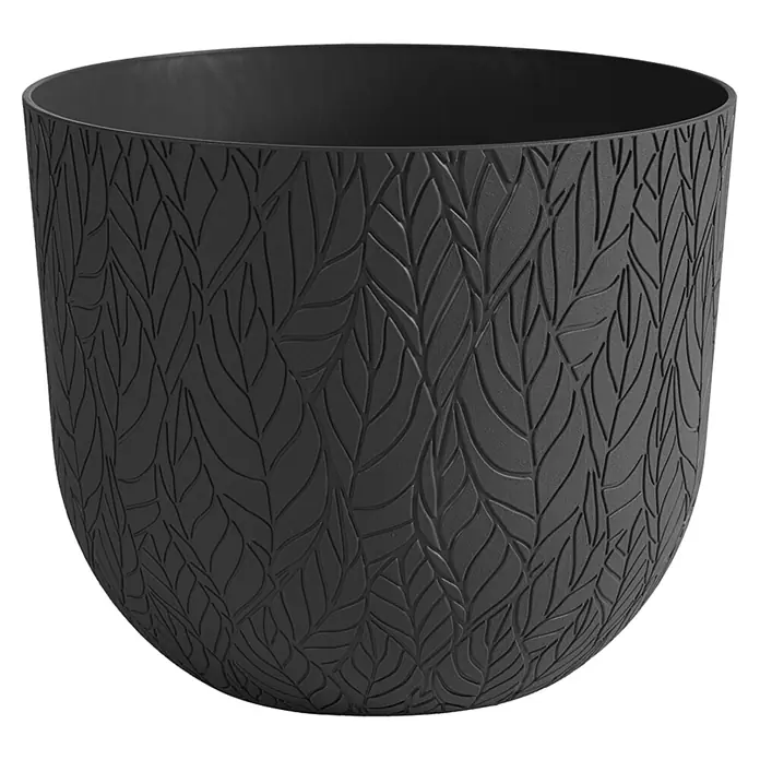 Lienbacher Pflanztopf Leaf - Außenmaß (Ø x H): 30 x 24,7 cm, Kunststoff, Rauchgrau - Elegantes, schwarzes Pflanzgefäß mit filigranem Blattmuster. Ideal für stilvolle Zimmer- und Gartengestaltung mit modernem Touch und hochwertiger Optik.