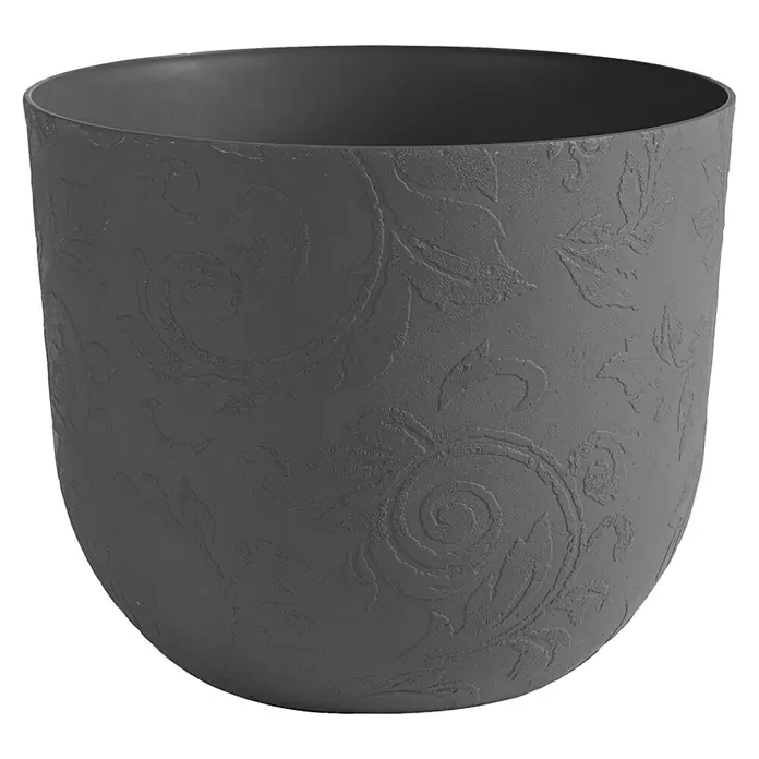Lienbacher Pflanztopf Tattoo - Außenmaß (Ø x H): 30 x 24,7 cm, Kunststoff, Rauchgrau - Elegante Anthrazitfarbener Blumentopf mit floralem Muster, ideal für Zimmerpflanzen und zur Dekoration von Wohnräumen.