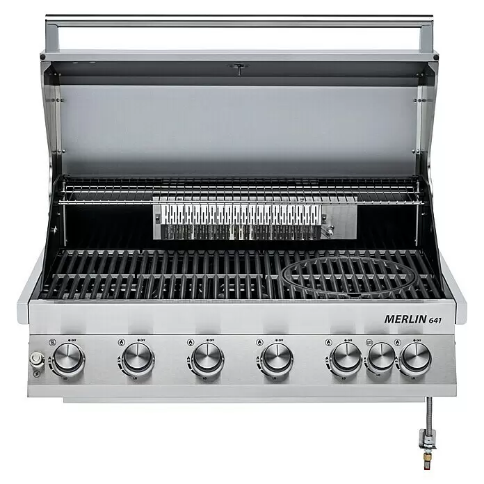 Grandstate Gasgrill Merlin 641 Built-In - Grillfläche (B x T): 88 x 44 cm, 21 kW, Anzahl Brenner: 6 Stk. - Offener Gasgrill aus Edelstahl mit Grillrosten, Warmhalterost und Bedienfeld mit sechs Knöpfen.