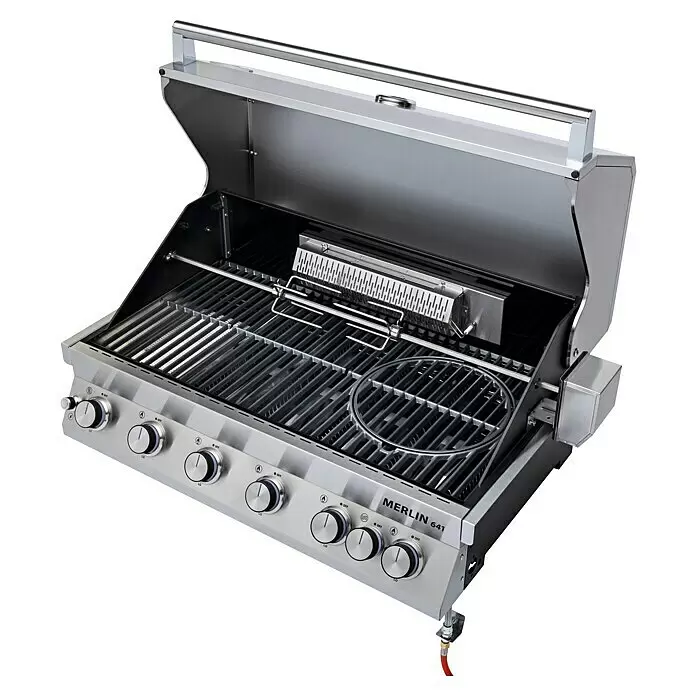 Grandstate Gasgrill Merlin 641 Built-In - Grillfläche (B x T): 88 x 44 cm, 21 kW, Anzahl Brenner: 6 Stk. - Gasgrill aus Edelstahl mit geöffnetem Deckel, Rost, Drehspieß und sechs Bedienknöpfen.