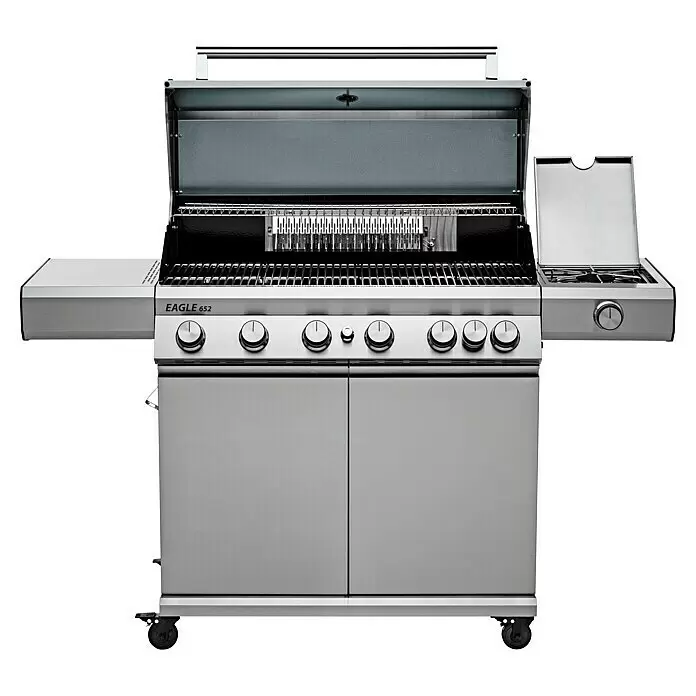 Grandstate Gasgrill Eagle 652 - Grillfläche (B x T): 90 x 45 cm, 24,2 kW, Anzahl Brenner: 6 Stk., Material Grillfläche: Edelstahl - Edelstahl-Gasgrill 'EAGLE 652' mit offenem Deckel, Grillrosten und Seitenbrenner. Mehrere Bedienknöpfe sichtbar.