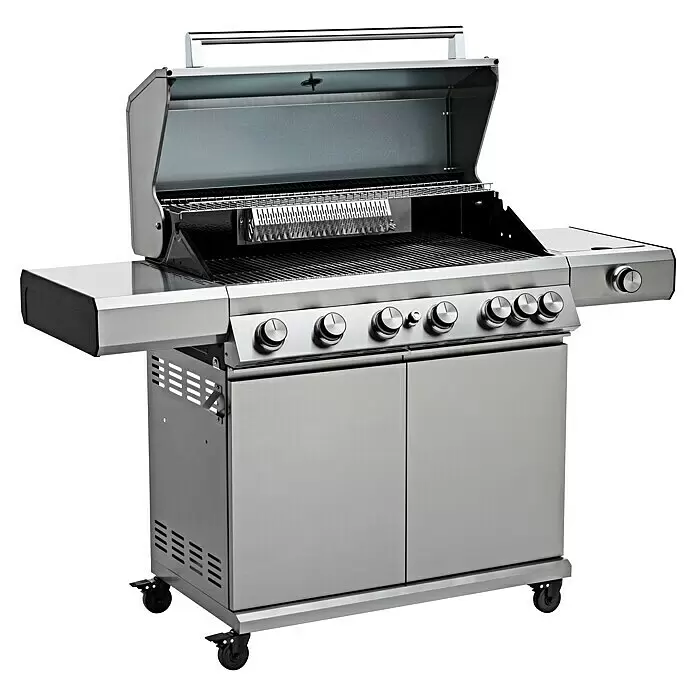 Grandstate Gasgrill Eagle 652 - Grillfläche (B x T): 90 x 45 cm, 24,2 kW, Anzahl Brenner: 6 Stk., Material Grillfläche: Edelstahl - Edelstahl-Gasgrill mit geöffnetem Deckel, zeigt Roste und mehrere Bedienknöpfe.