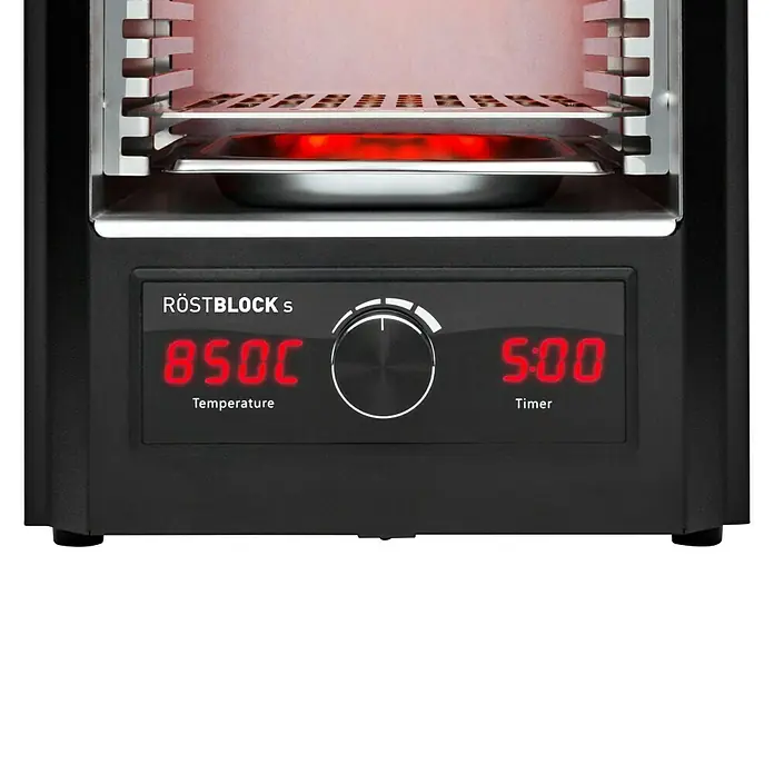 Edelheiss Elektrogrill Röstblock - Grillfläche (B x T): 18,5 x 30 cm, 1,6 kW, Anzahl Brenner: 1 Stk. - Nahaufnahme eines RÖSTBLOCK s Ofens, der Temperatur- und Timer-Anzeigen hervorhebt.