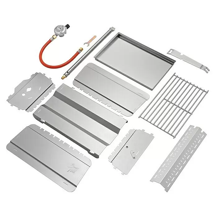 Bruzz Willi Gasgrill BW 1.1 - Fahrrad Edition - Grillfläche (B x T): 39 x 19,5 cm, 3,5 kW, Anzahl Brenner: 1 Stk. - Zerlegte Edelstahlkomponenten eines tragbaren Gasgrills, inklusive Brenner, Rost und Gasregler mit rotem Schlauch.