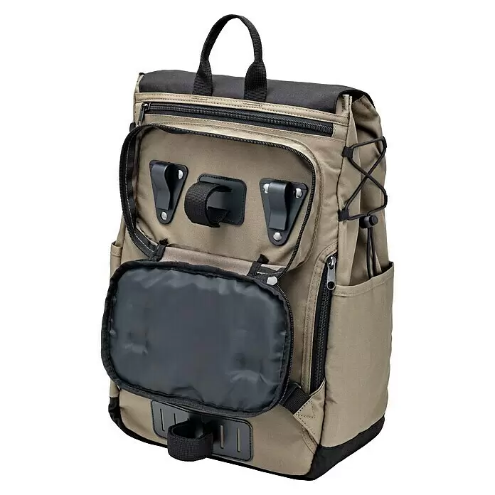 Bruzz Willi Gasgrill BW 1.1 - Fahrrad Edition - Grillfläche (B x T): 39 x 19,5 cm, 3,5 kW, Anzahl Brenner: 1 Stk. - Khaki- und schwarzer vielseitiger Rucksack mit mehreren Reißverschlusstaschen, Frontfach und Tragegriff.