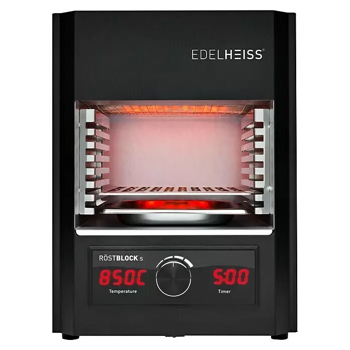 Edelheiss Elektrogrill Röstblock - Grillfläche (B x T): 18,5 x 30 cm, 1,6 kW, Anzahl Brenner: 1 Stk. - Schwarzer Minibackofen/Toaster mit glühenden Heizelementen, digitaler Temperatur- (850C) und Zeitanzeige (5:00).