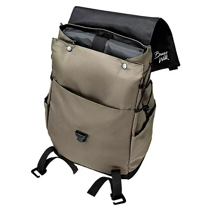 Bruzz Willi Gasgrill BW 1.1 - Fahrrad Edition - Grillfläche (B x T): 39 x 19,5 cm, 3,5 kW, Anzahl Brenner: 1 Stk. - Offener Khaki-Rucksack mit dunklem Innenraum, Fronttasche, seitlichen Kordeln und schwarzen Gurten mit Schnallen.