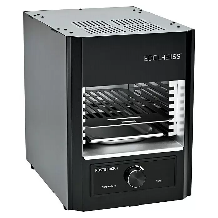 Edelheiss Elektrogrill Röstblock - Grillfläche (B x T): 18,5 x 30 cm, 1,6 kW, Anzahl Brenner: 1 Stk. - Dunkelgrauer EDELHEISS RÖSTBLOCK S Röster mit silberner Lüftungsplatte, Rost, Auffangwanne und Bedienfeld mit Temperaturregler und Timer.