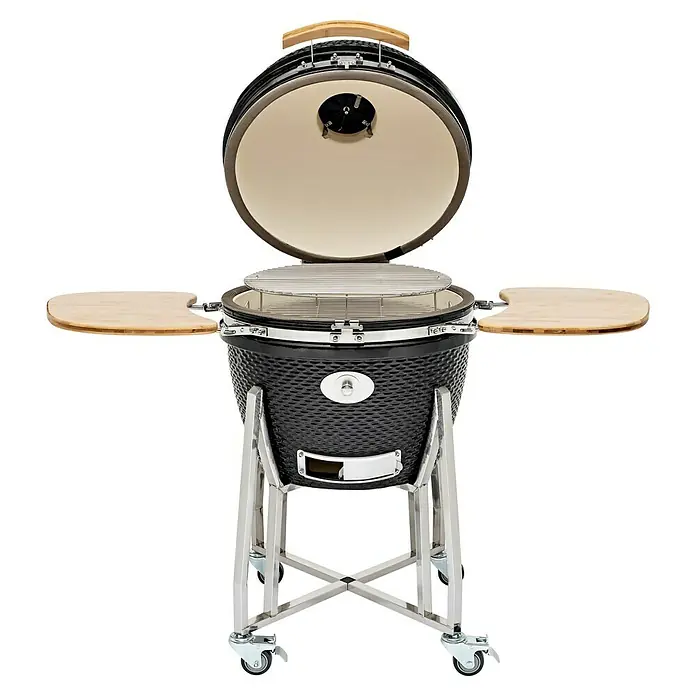 Flame Rock  Holzkohlegrill Kamado 24 Pro - Durchmesser Grillfläche: 52 cm, Schwarz - Grill im Keramik-Kamado-Stil mit Ablagetischen. Vielseitiger Holzkohlegrill für ein außergewöhnliches Kocherlebnis im Freien.