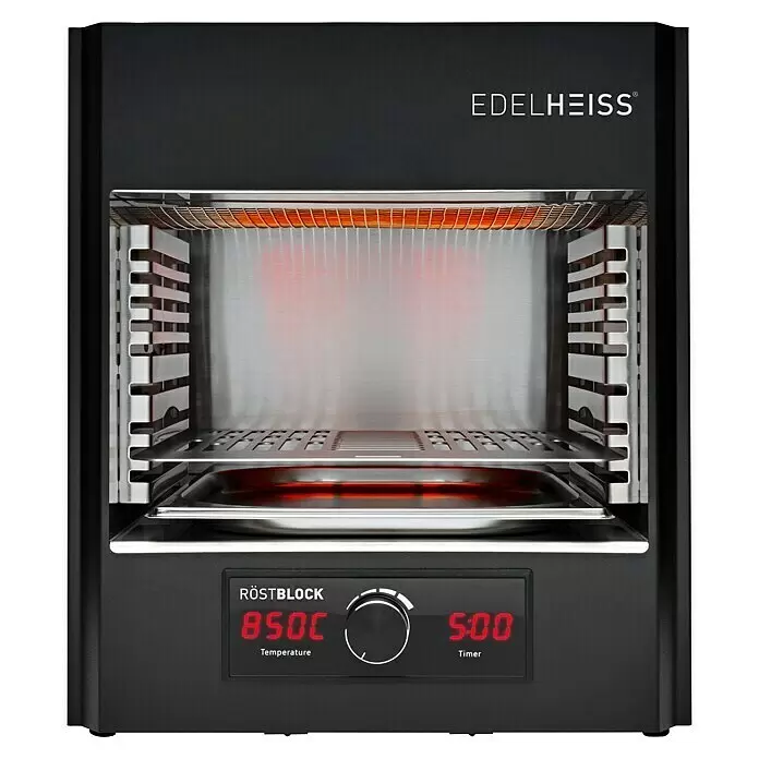 Edelheiss Barbacoa eléctrica Röstblock - Superficie de la parrilla (An x Pr): 28,5 x 30 cm, 2,65 kW, Número de quemadores: 2 ud. - Tostador de horno Edelheiss negro con interior de acero inoxidable, elementos calefactores rojos incandescentes y pantalla digital de temperatura y temporizador.