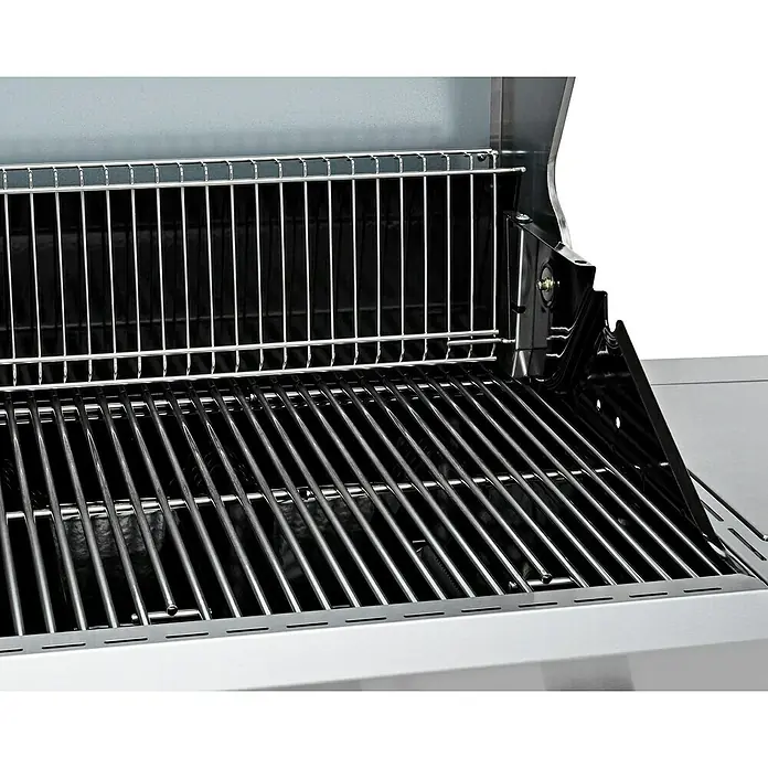 Grandstate Gasgrill Eagle 411 - Grillfläche (B x T): 71 x 45 cm, 14 kW, Anzahl Brenner: 4 Stk., Material Grillfläche: Edelstahl - Nahaufnahme eines leeren Grills mit Edelstahlrosten. Ideal zum Grillen von Speisen im Freien.