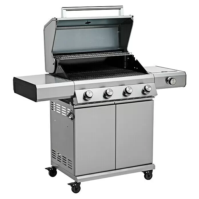 Grandstate Gasgrill Eagle 411 - Grillfläche (B x T): 71 x 45 cm, 14 kW, Anzahl Brenner: 4 Stk., Material Grillfläche: Edelstahl - Gasgrill aus Edelstahl mit geöffnetem Deckel, Grillrosten, Seitenablagen, Bedienknöpfen, Schrank und Rollen.