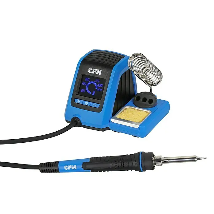 CFH Lötstation LD 221 - 3 -tlg., Höchsttemperatur: 480 °C - Ein blaues CFH-Lötstation-Set mit digitaler Temperaturanzeige, Lötkolben und Ständer mit Schwamm.