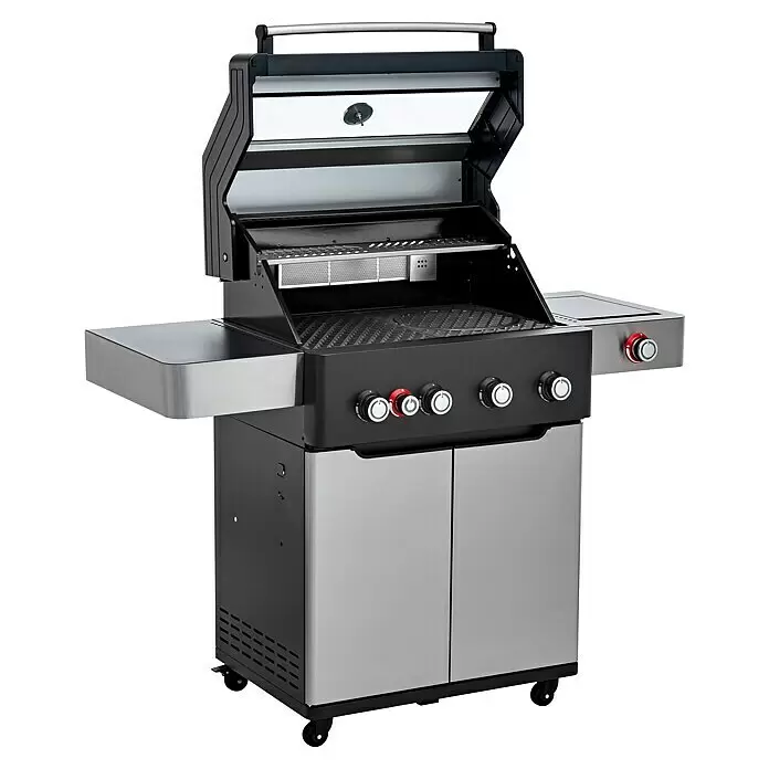 Edelheiss Gasgrill Exzellenz 1.4 - Grillfläche (B x T): 68 x 45,5 cm, 16,8 kW, Anzahl Brenner: 4 Stk. - Schwarzer und silberner Gasgrill mit geöffnetem Deckel, zeigt Grillroste und Brenner. Mit Bedienknöpfen, Seitenablagen und einem Rollschrank.