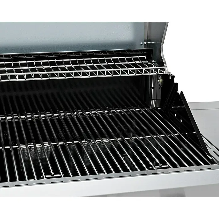 Grandstate Gasgrill Eagle 411 - Grillfläche (B x T): 71 x 45 cm, 14 kW, Anzahl Brenner: 4 Stk., Material Grillfläche: Edelstahl - Detailaufnahme eines Grills mit Grillrosten und Warmhalterost aus Edelstahl. Perfekt für Grillliebhaber, die Wert auf Qualität legen.