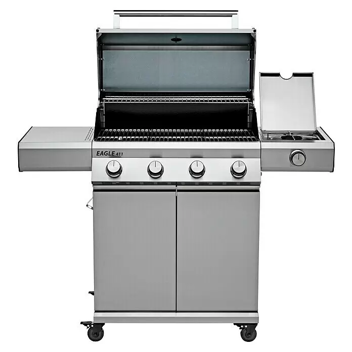 Grandstate Gasgrill Eagle 411 - Grillfläche (B x T): 71 x 45 cm, 14 kW, Anzahl Brenner: 4 Stk., Material Grillfläche: Edelstahl - Edelstahl-Gasgrill mit geöffnetem Deckel, der die Roste, Seitenablagen und mehrere Bedienknöpfe zeigt. Modell EAGLE 411.