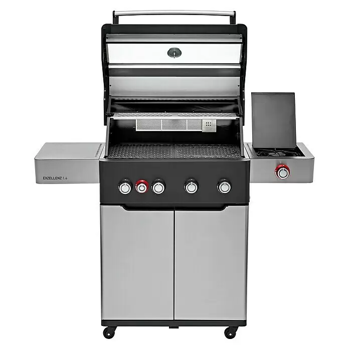 Edelheiss Gasgrill Exzellenz 1.4 - Grillfläche (B x T): 68 x 45,5 cm, 16,8 kW, Anzahl Brenner: 4 Stk. - Edelstahl-Gasgrill in Schwarz mit geöffnetem Deckel, mehreren Bedienknöpfen, zwei Seitenablagen und einem Seitenbrenner. Modell EXZELLENZ 1.4.