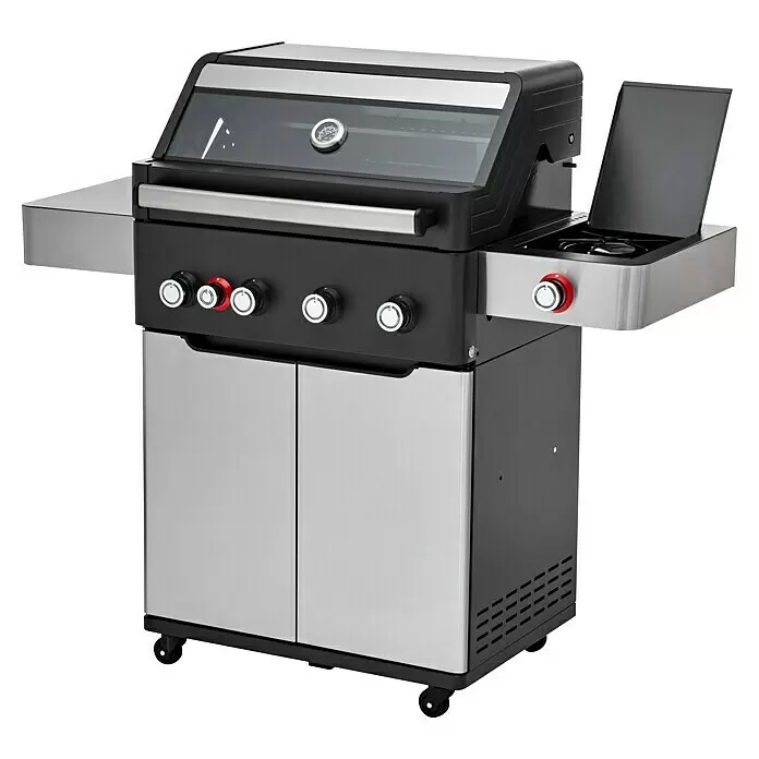 Edelheiss Gasgrill Exzellenz 1.4 - Grillfläche (B x T): 68 x 45,5 cm, 16,8 kW, Anzahl Brenner: 4 Stk. - Schwarz-silberner Gasgrill mit Deckelthermometer, Seitenbrenner, Bedienknöpfen und Unterschrank auf Rädern.